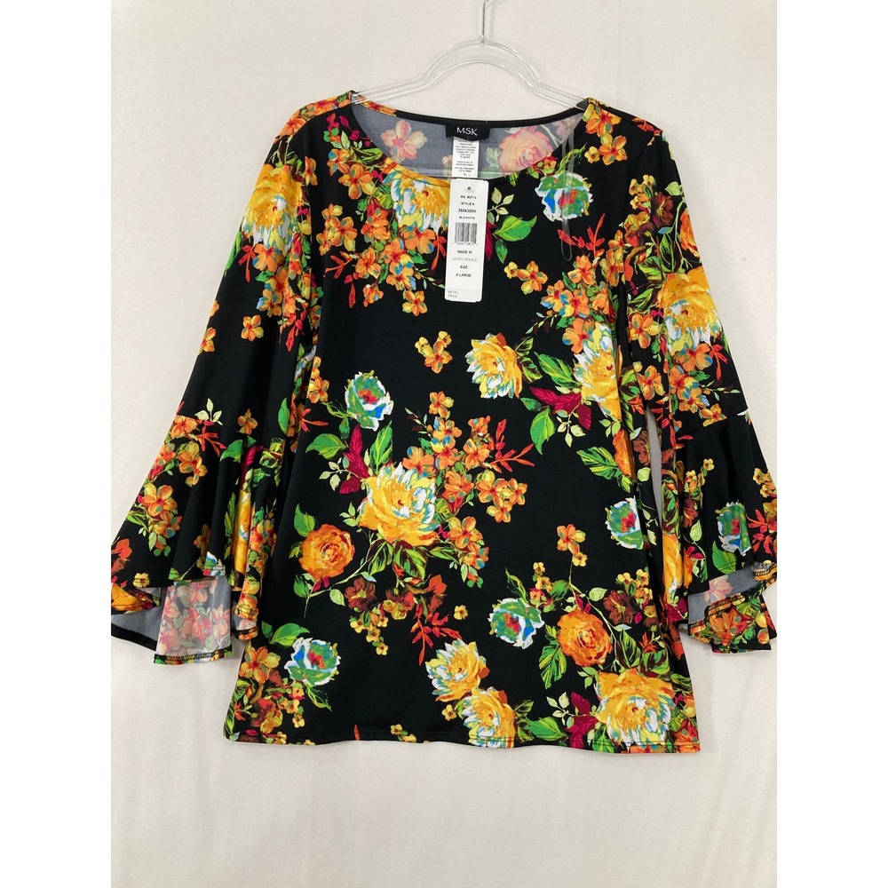 New MSK Top Vibrant Floral Bell Sleeve Stretch Knit Comfy Feminine Blouse‎